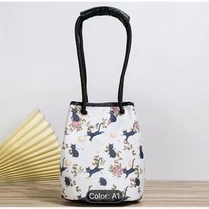 Floral Black Cat LUNA Bucket Shoulder Bag‎ New